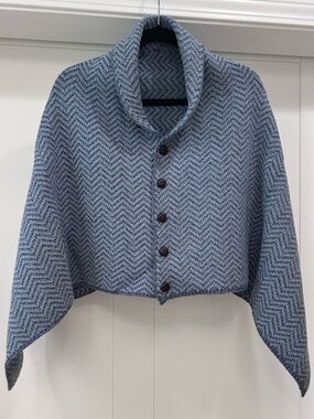 Blue Herringbone Button-Front Cape / Wrap